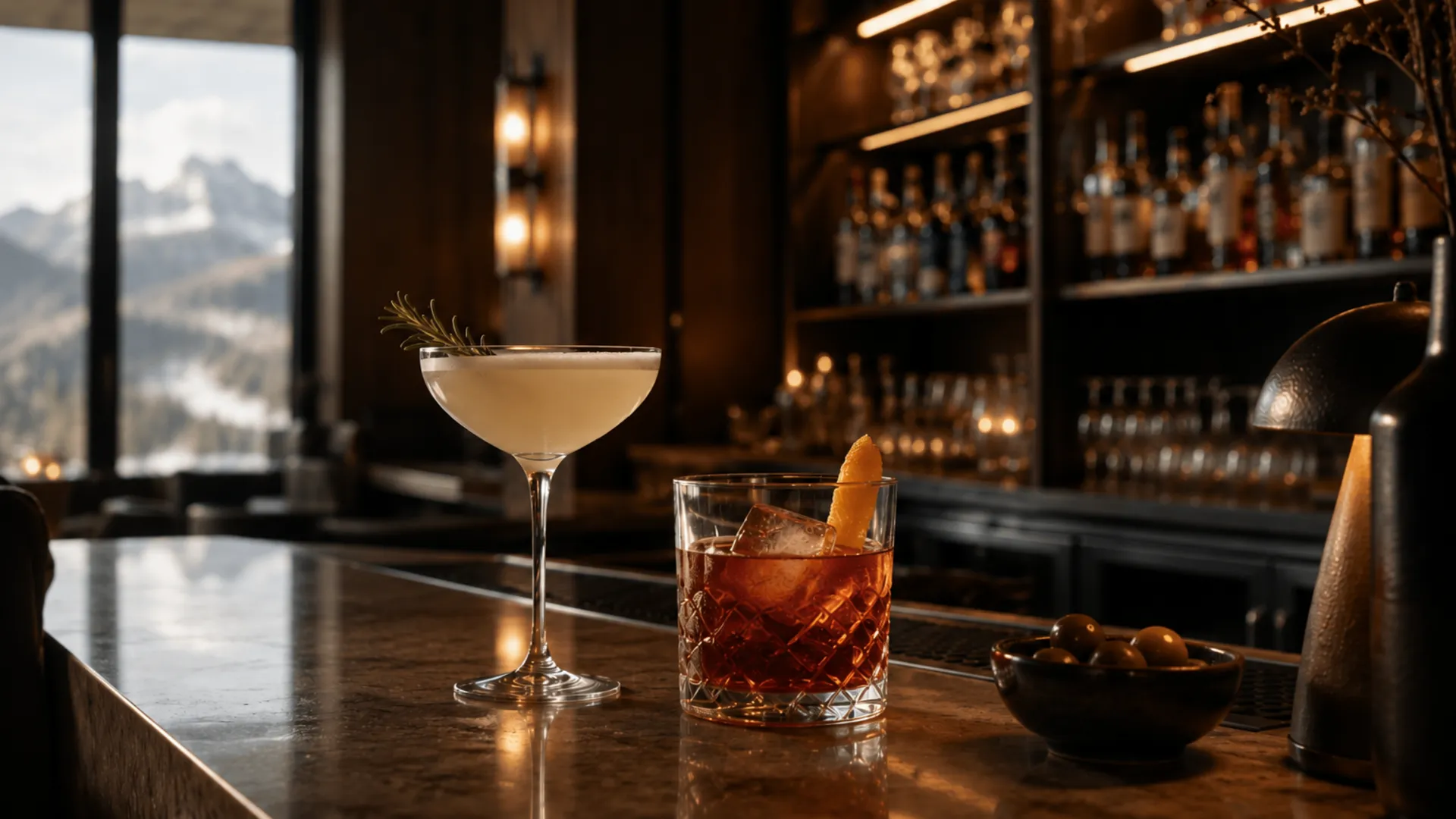 Cocktails und Oliven auf der Bar eines Bergrestaurants mit Alpenblick