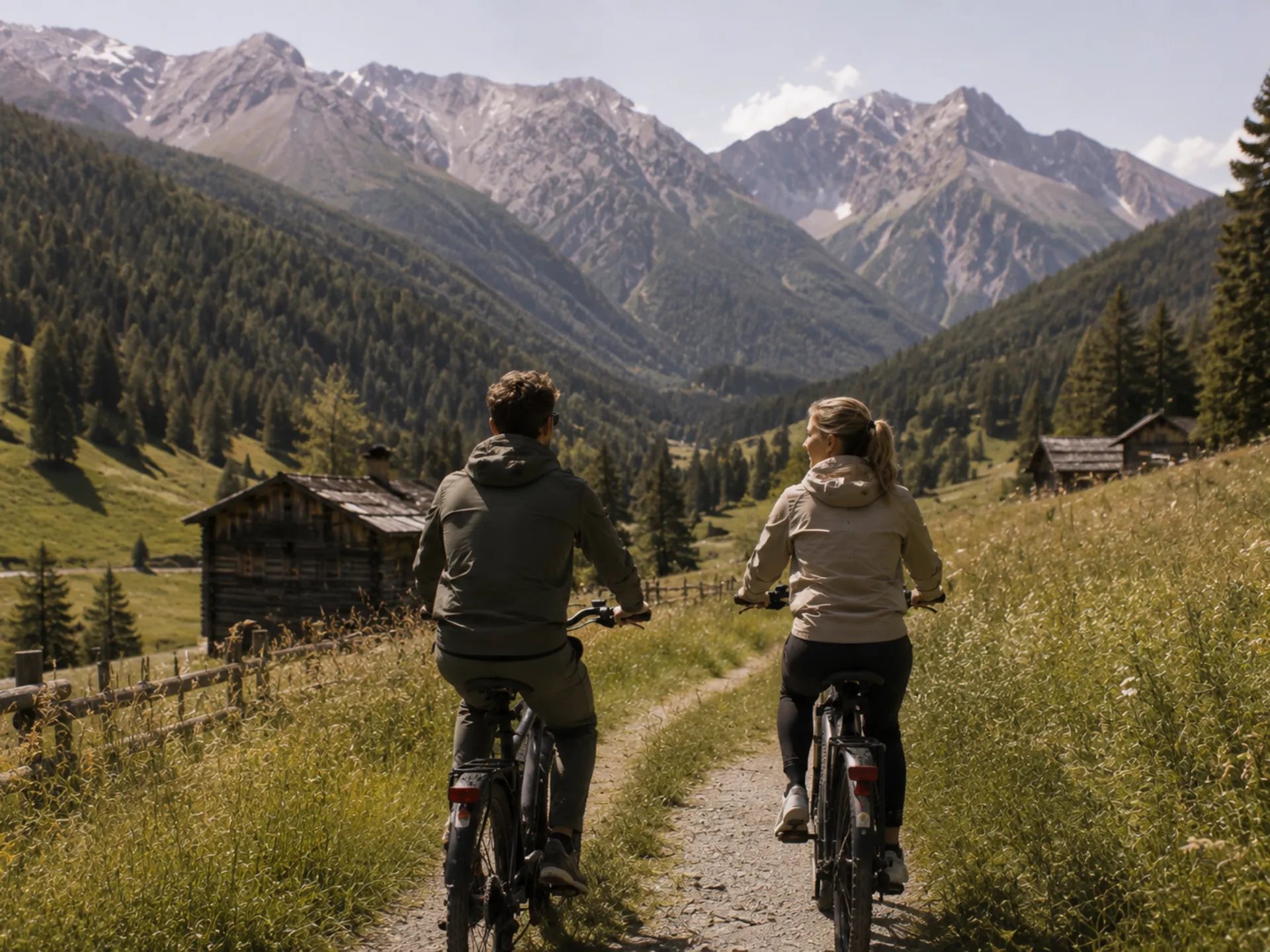 Das Gsieser Tal, ganz nah. Und doch wie ein kleines Geheimnis. Zwei Radfahrer auf einem Bergweg vor einer alpinen Berglandschaft