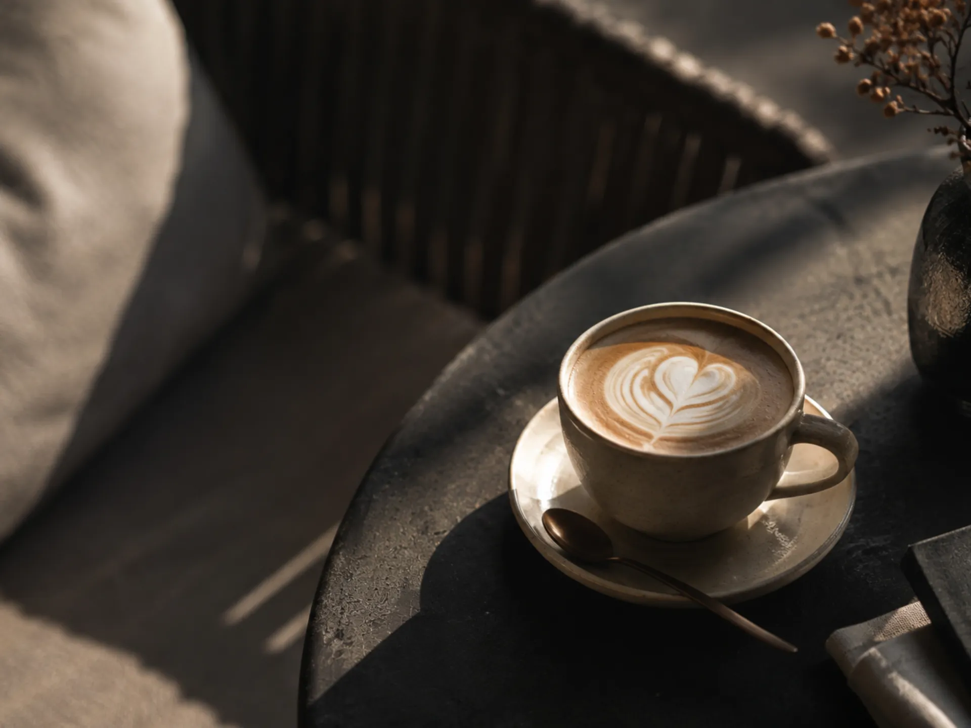 Tasse Cappuccino mit Herzmuster auf Untertasse und Löffel auf einem runden Tisch