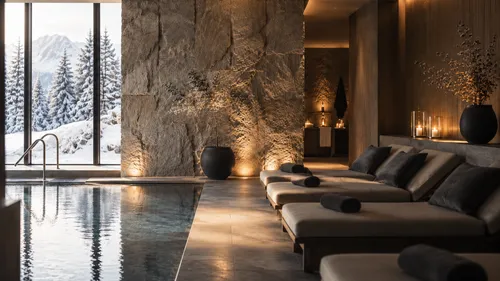 Das Gsieser Tal, ganz nah. Und doch wie ein kleines Geheimnis. Wellnessbereich mit Pool, Liegen und verschneiter Berglandschaft vor den Fenstern