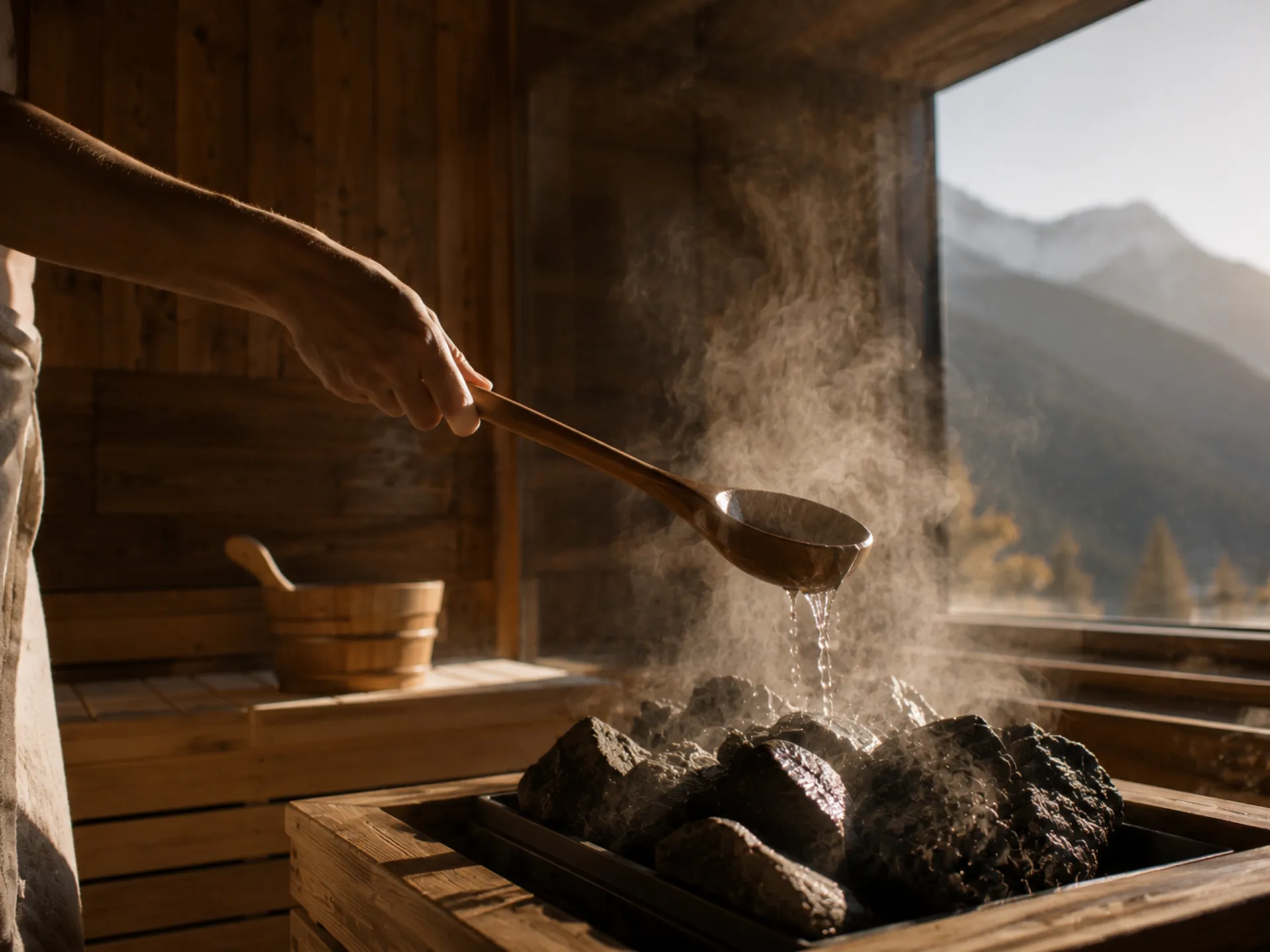 Dove tutto può rallentare: il respiro, i pensieri, lo sguardo sulla giornata. Mestolo per l'infusione sopra le pietre roventi della sauna con vista sulle montagne
