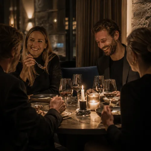 Weniger Inszenierung, mehr Gefühl – Genuss, der nach Berg und Tal schmeckt. Vier Personen genießen ein Abendessen bei Kerzenlicht in einem Restaurant