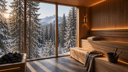 Das Gsieser Tal, ganz nah. Und doch wie ein kleines Geheimnis. Holzsauna mit Panoramafenster, verschneiten Tannen und Bergblick