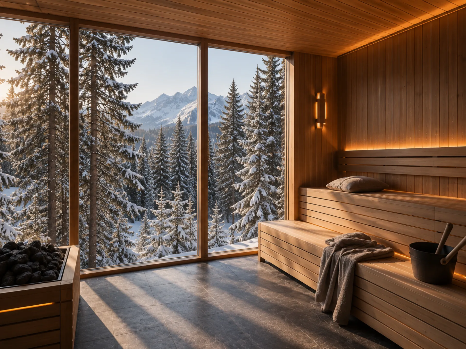 Ein Hotel für Menschen, die das Leben mit Geschmack nehmen – aber nie zu ernst. Holzsauna mit Panoramafenster, verschneiten Tannen und Bergblick