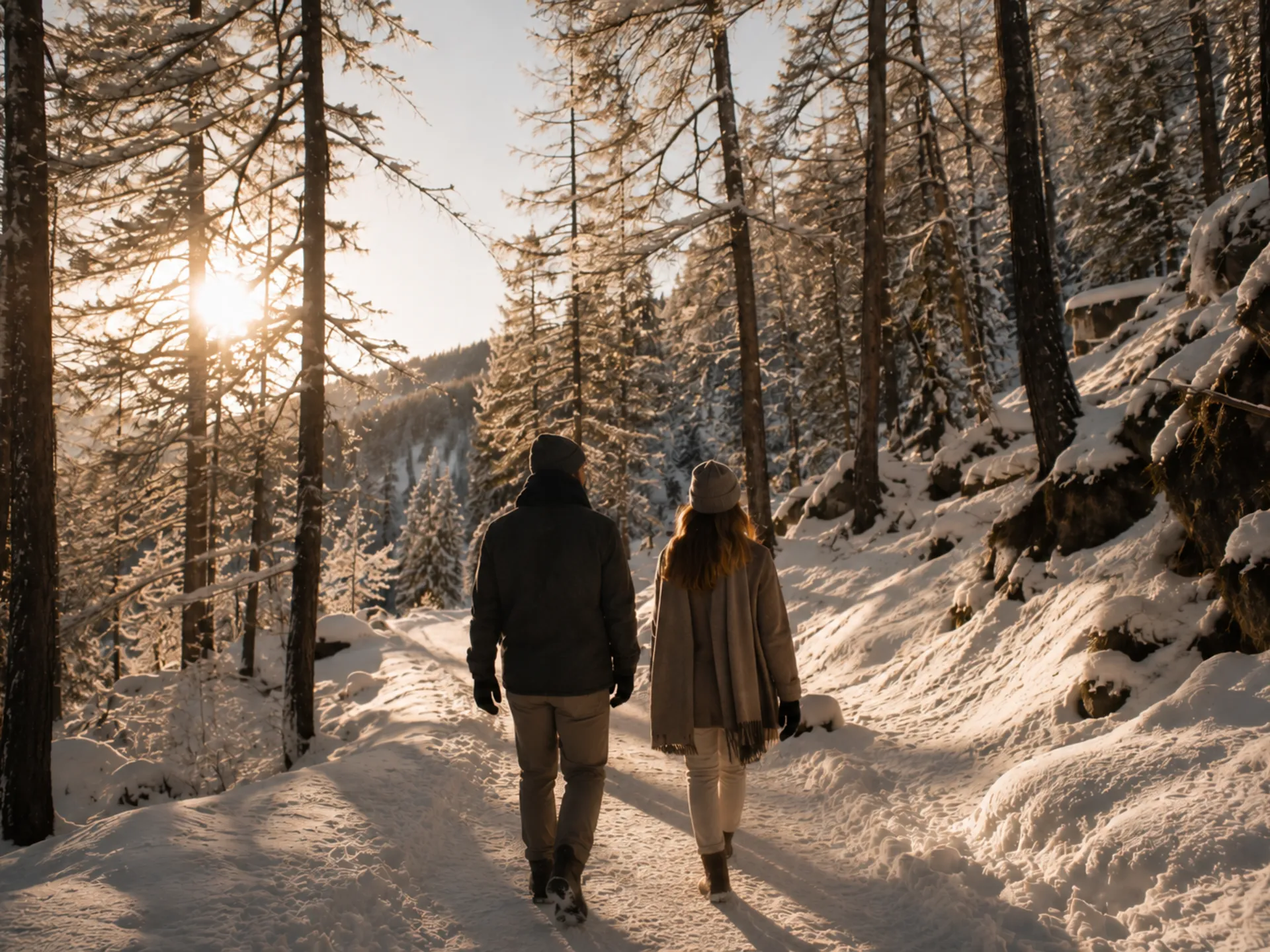 Alles, was Gsies so besonders macht – entdeckt in seinem eigenen Tempo. Paar wandert bei Sonnenuntergang durch einen verschneiten Wald