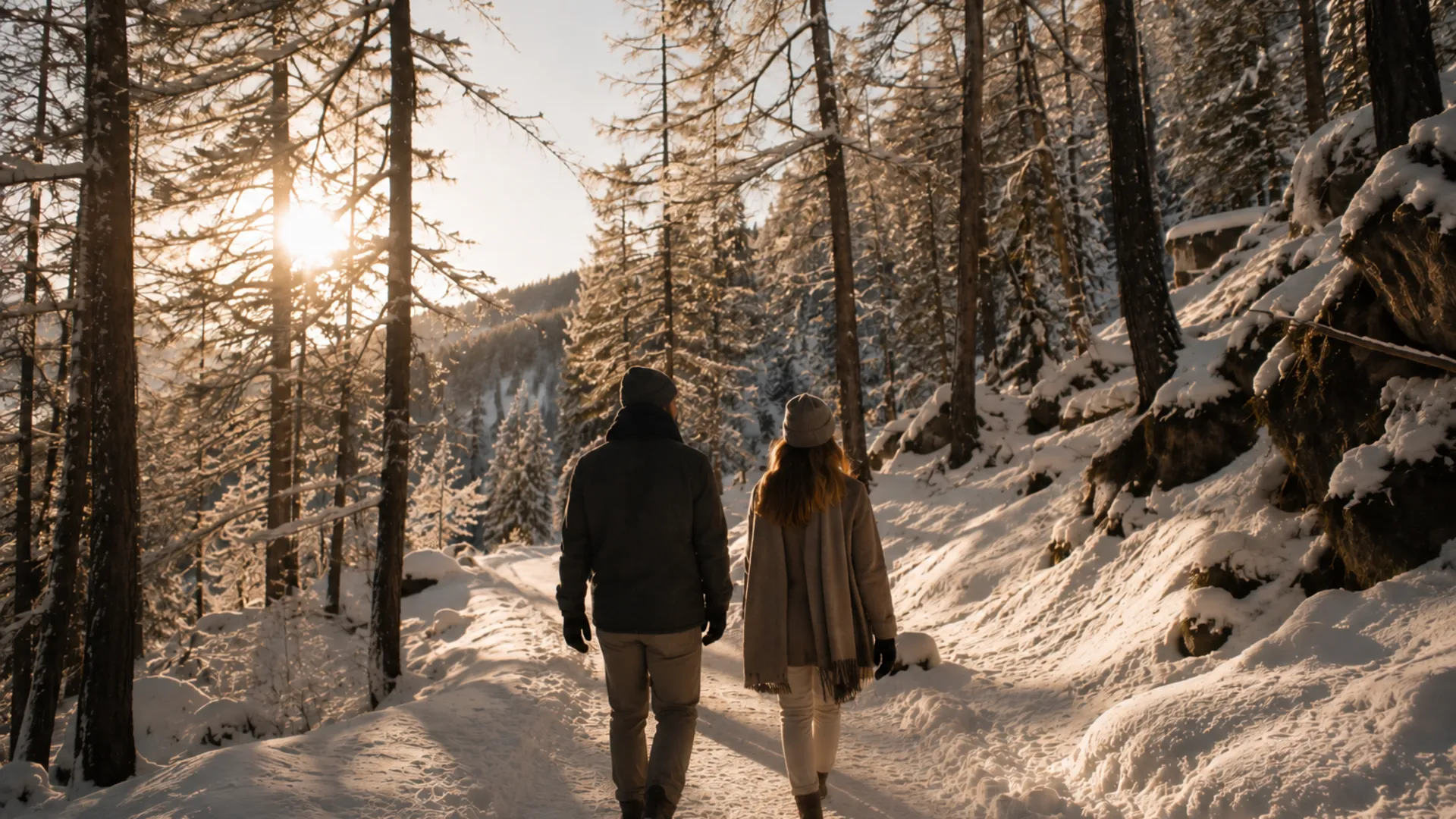 Das Gsieser Tal, ganz nah. Und doch wie ein kleines Geheimnis. Paar wandert bei Sonnenuntergang durch einen verschneiten Wald