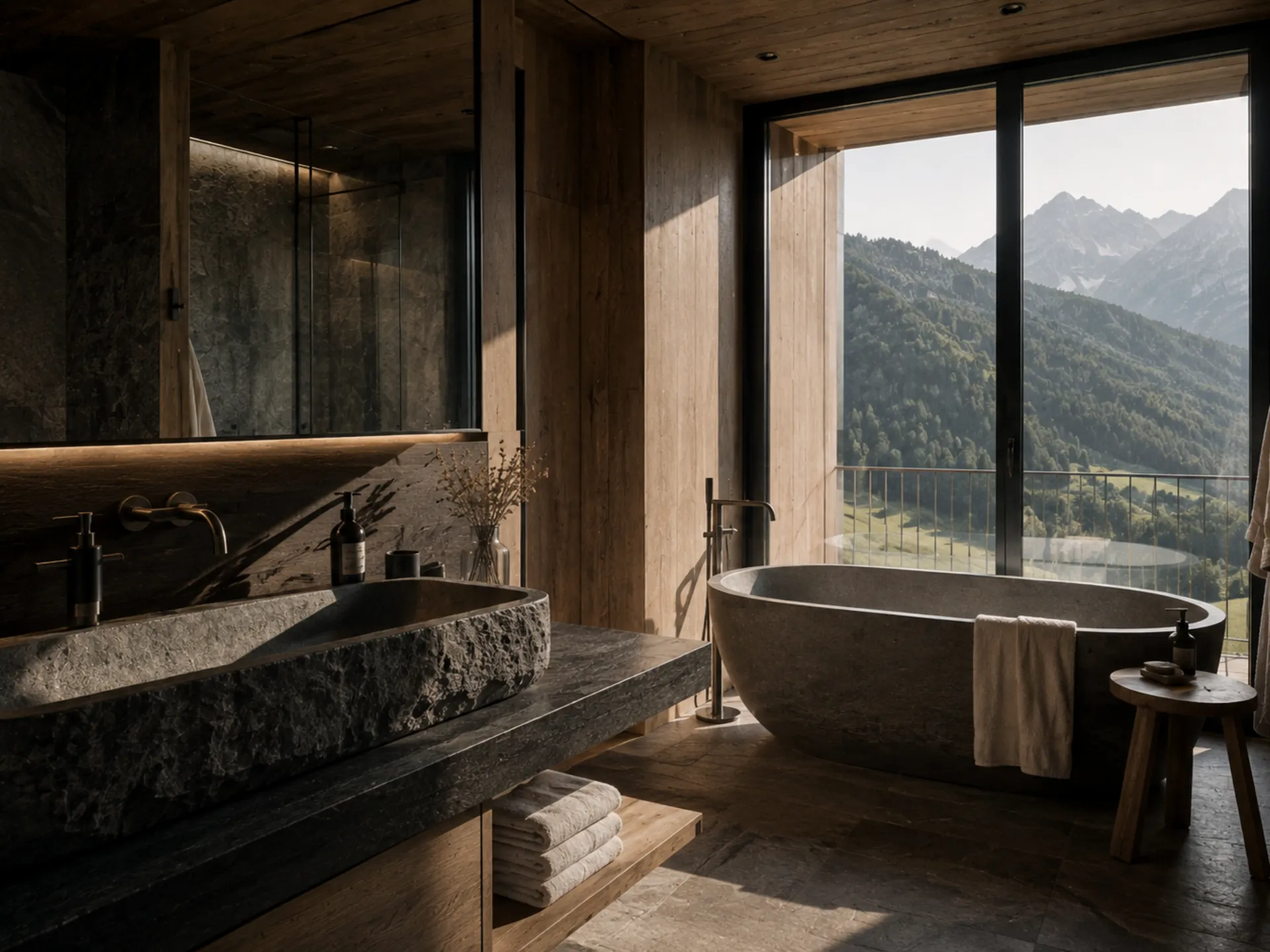 Ein Hotel für Menschen, die das Leben mit Geschmack nehmen – aber nie zu ernst. Luxuriöses Badezimmer mit Steinwaschbecken, Badewanne und Bergblick
