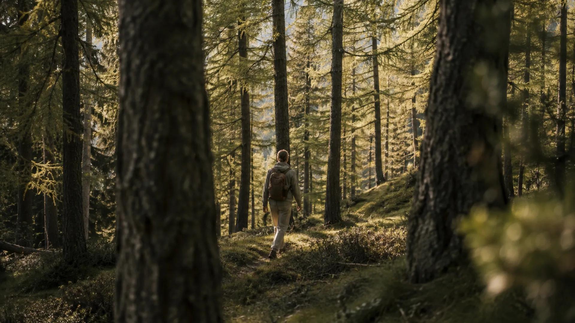 Das Gsieser Tal, ganz nah. Und doch wie ein kleines Geheimnis. Wanderer mit Rucksack auf einem Waldweg zwischen hohen Bäumen