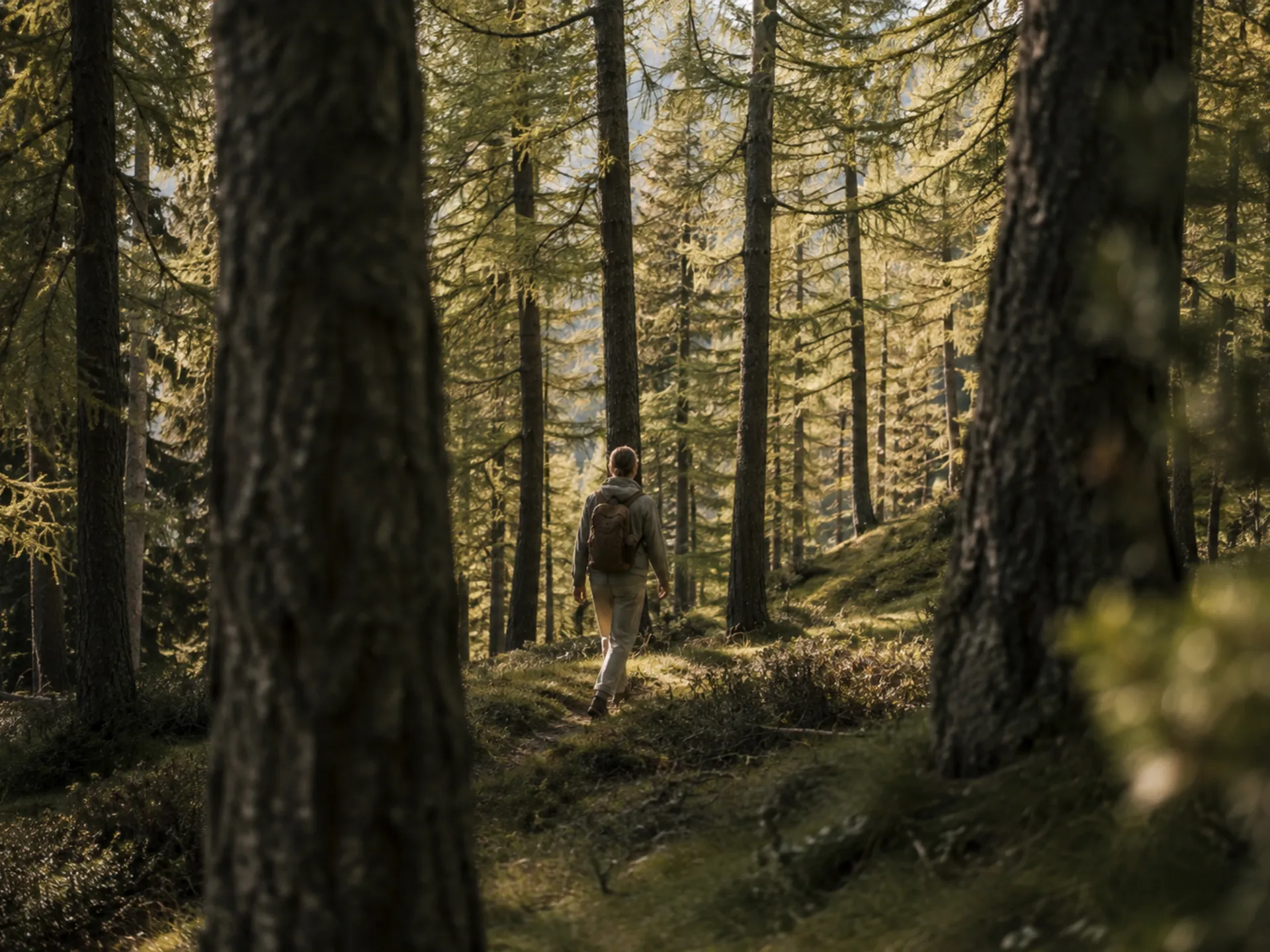 Alles, was Gsies so besonders macht – entdeckt in seinem eigenen Tempo. Wanderer mit Rucksack auf einem Waldweg zwischen hohen Bäumen