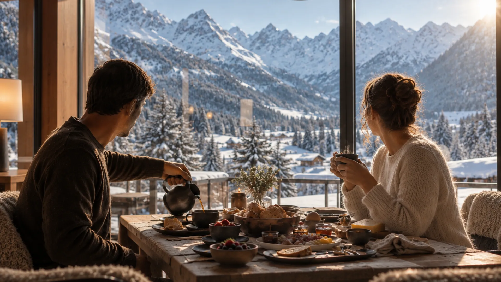 Paar beim Frühstück mit Blick auf verschneite Berge