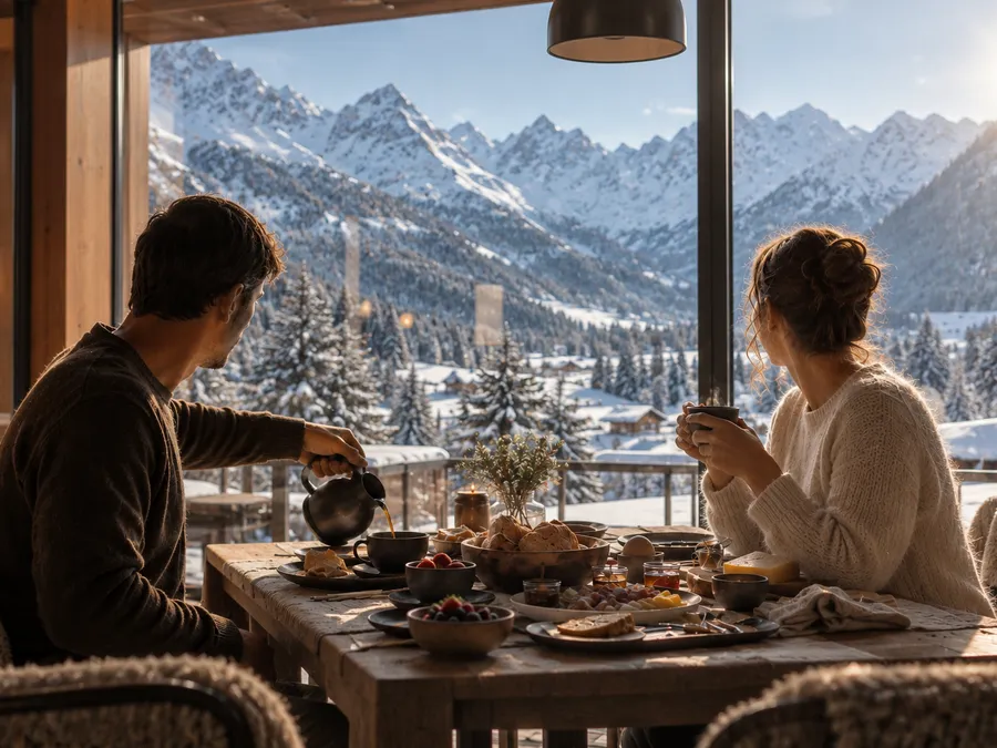 Das Gsieser Tal, ganz nah. Und doch wie ein kleines Geheimnis. Paar beim Frühstück mit Blick auf verschneite Berge