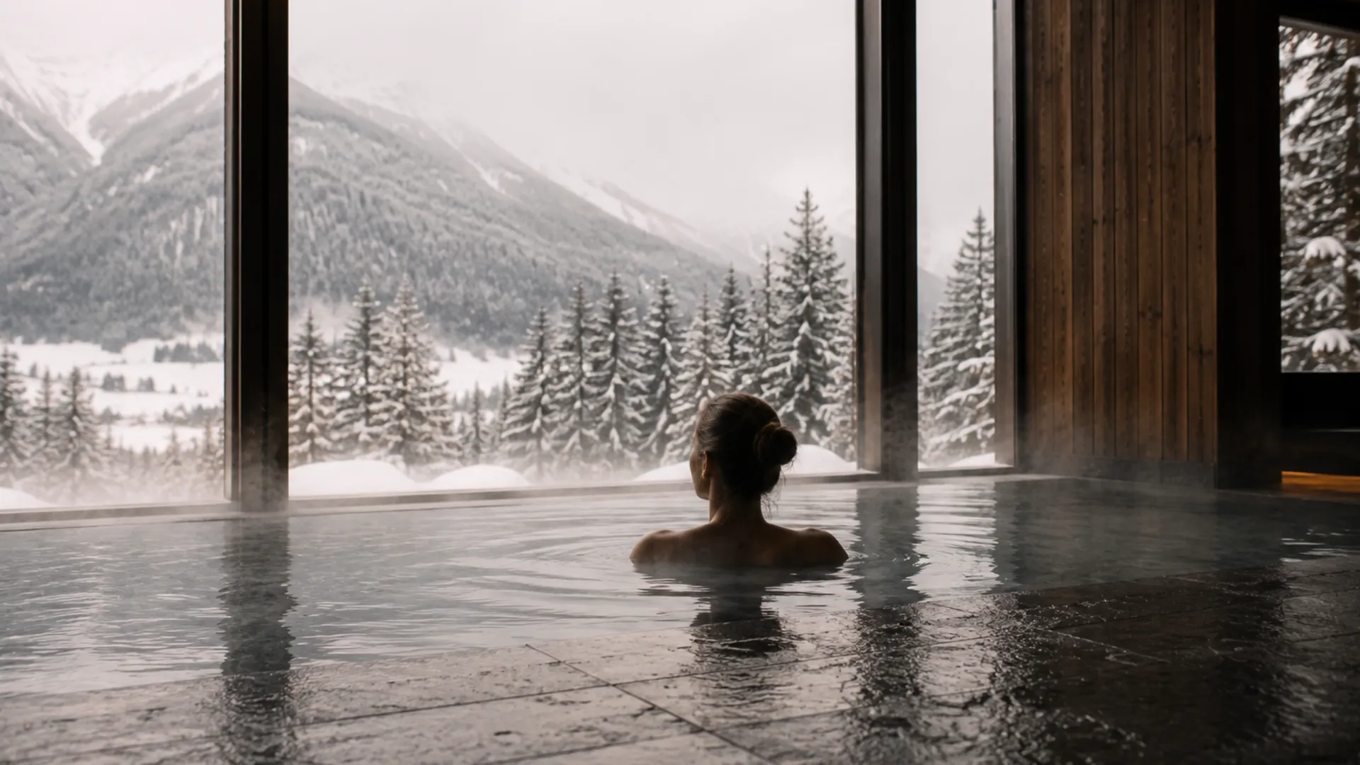 Wo alles langsamer werden darf: der Atem, die Gedanken, der Blick auf den Tag. Person im Innenpool mit Blick auf verschneite Berge und Tannen