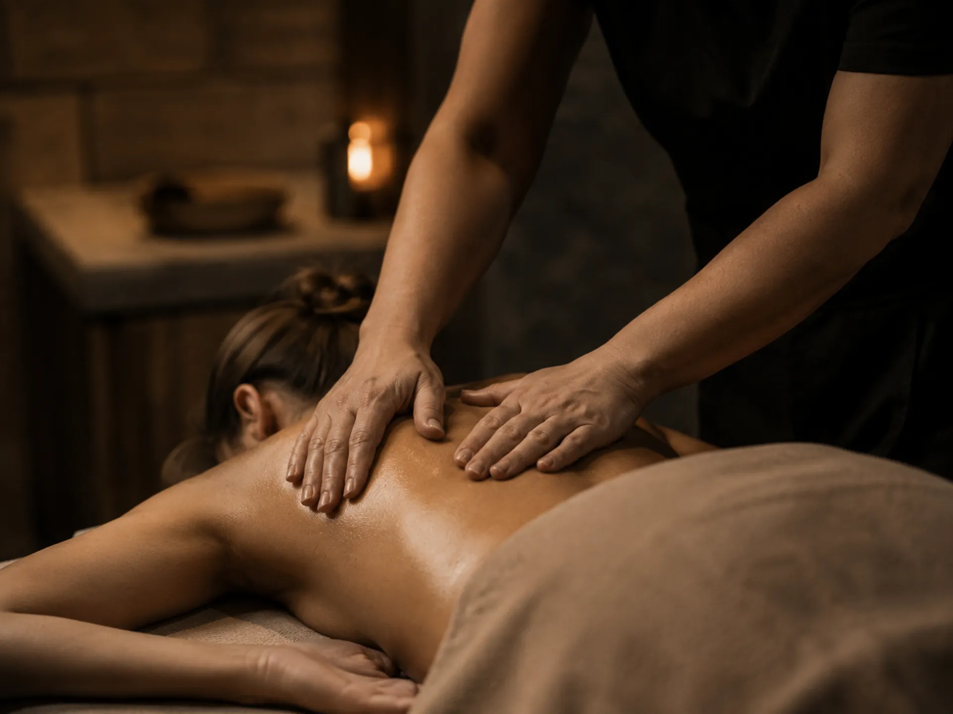 Ein Hotel für Menschen, die das Leben mit Geschmack nehmen – aber nie zu ernst. Person erhält eine Rückenmassage in einem warm beleuchteten Behandlungsraum