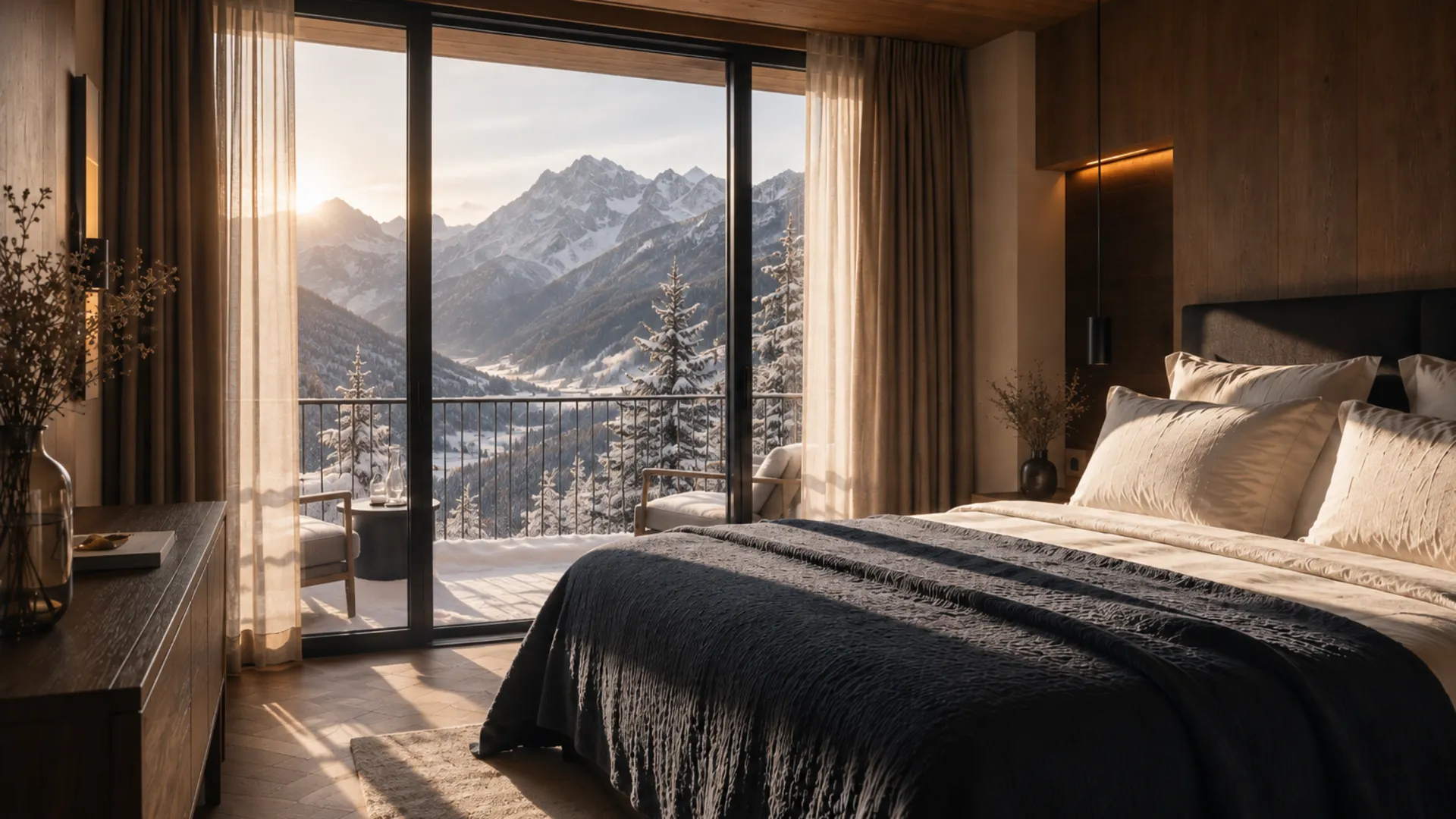 Das Gsieser Tal, ganz nah. Und doch wie ein kleines Geheimnis. Schlafzimmer mit Balkon und Blick auf verschneite Berggipfel