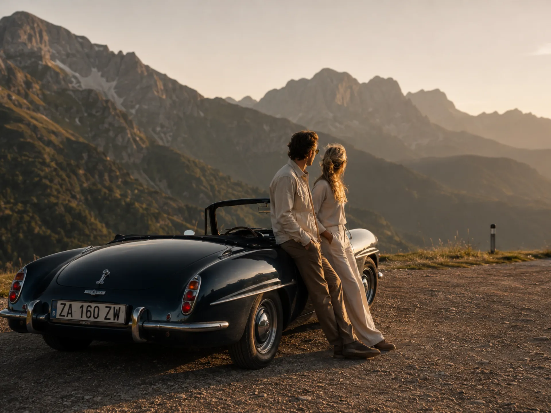 Paar lehnt an einem Oldtimer vor einer beeindruckenden Berglandschaft