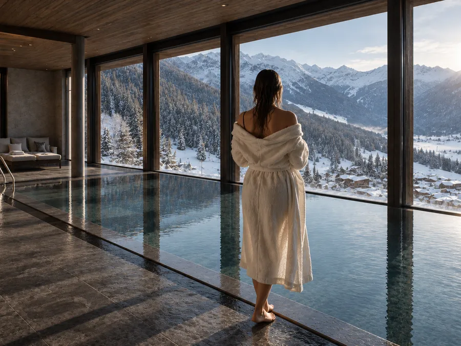 Wo alles langsamer werden darf: der Atem, die Gedanken, der Blick auf den Tag. Frau im Bademantel am Innenpool mit Blick auf verschneite Berge