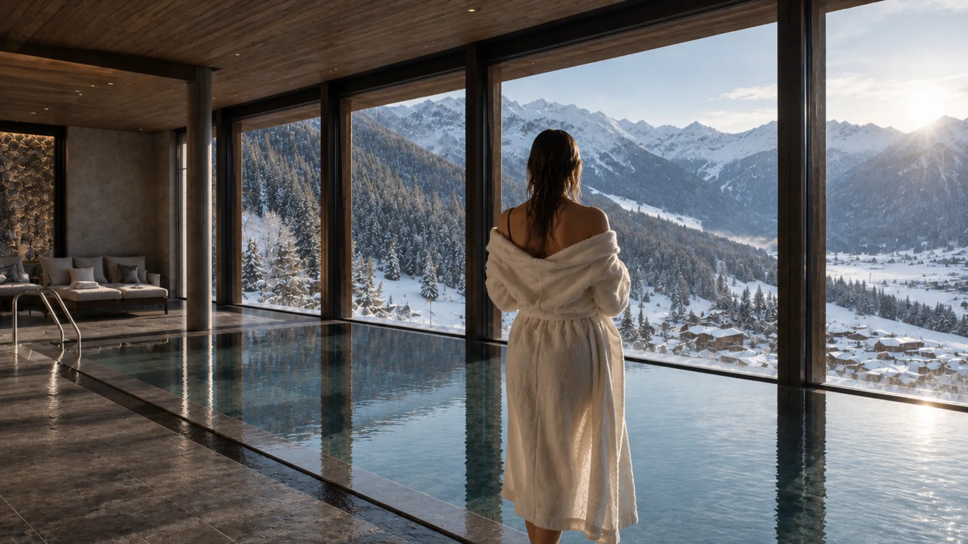 Das Gsieser Tal, ganz nah. Und doch wie ein kleines Geheimnis. Frau im Bademantel am Innenpool mit Blick auf verschneite Berge