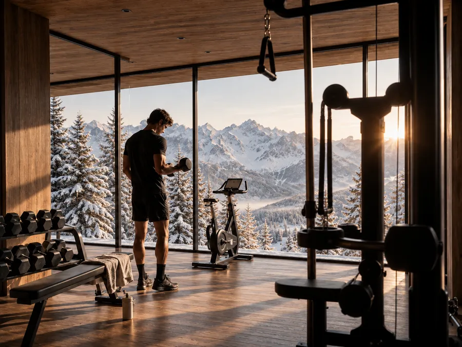 Das Gsieser Tal, ganz nah. Und doch wie ein kleines Geheimnis. Hotel-Fitnessraum mit Mann, Hanteln und Bergblick durch Panoramafenster