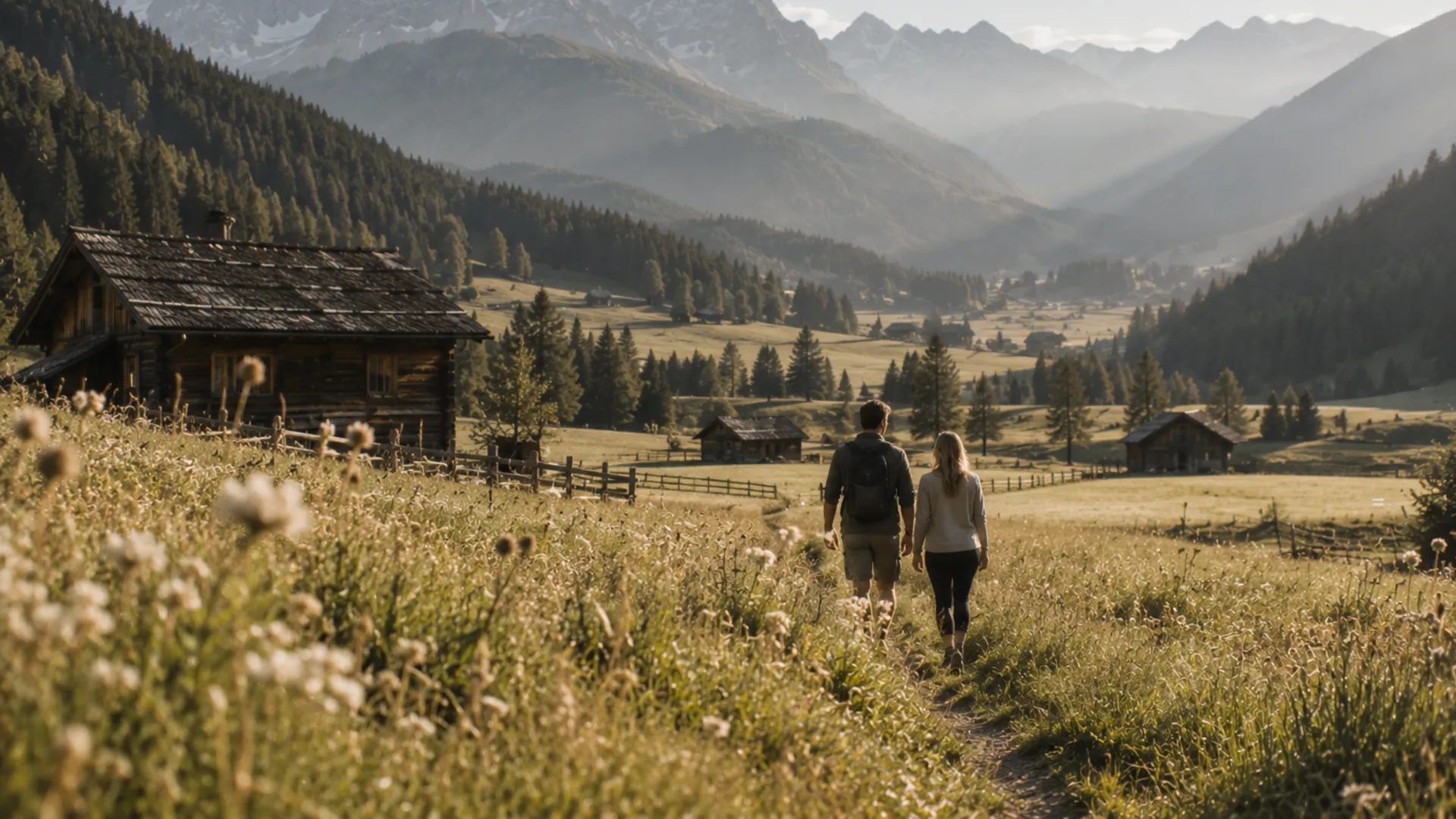 Zwei Wanderer auf einem Wiesenweg vor einer alpinen Berglandschaft