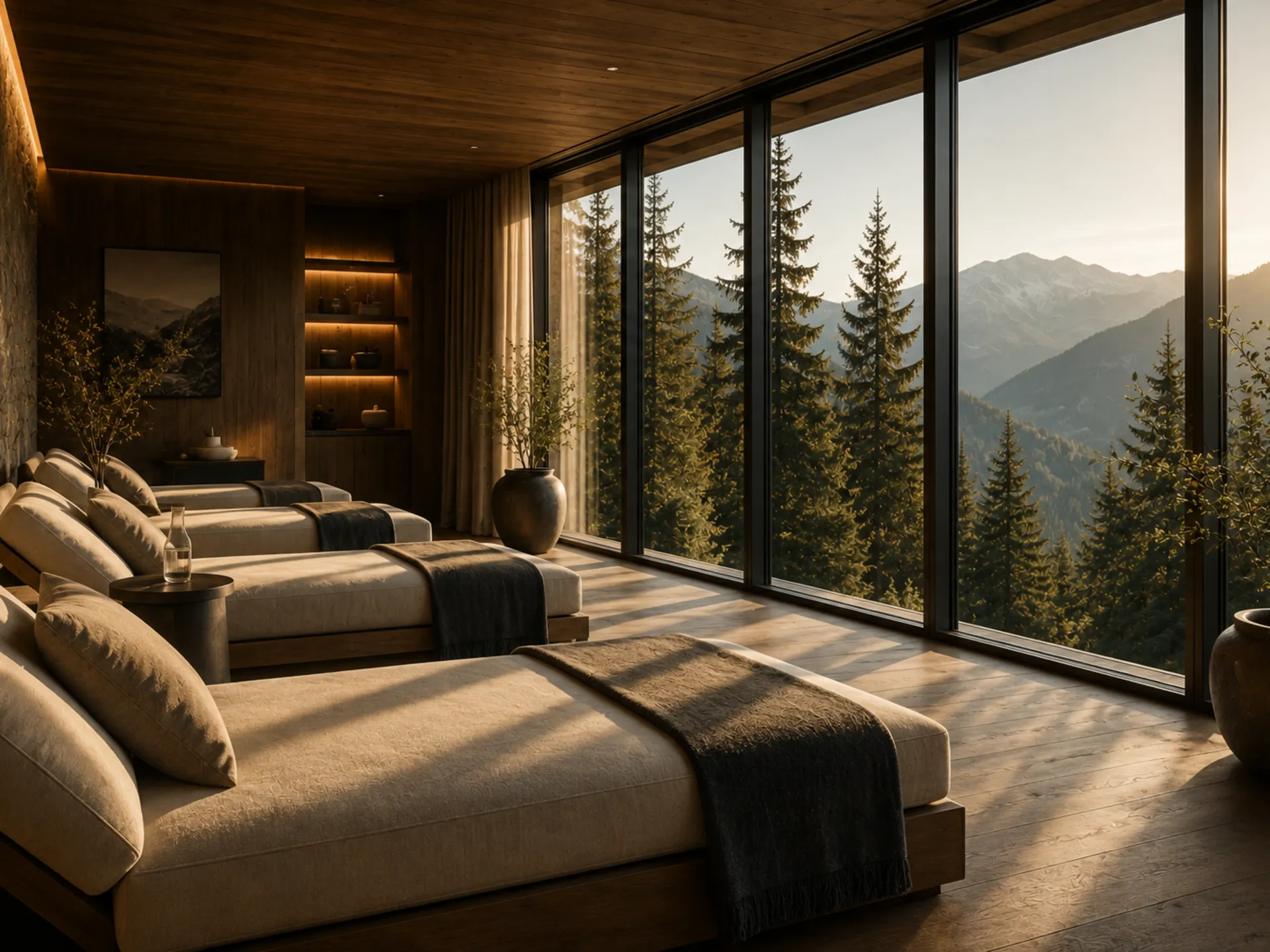 Wo alles langsamer werden darf: der Atem, die Gedanken, der Blick auf den Tag. Eleganter Ruheraum mit Liegen und Bergblick durch große Fenster