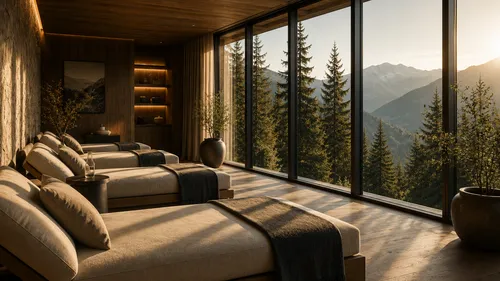 Das Gsieser Tal, ganz nah. Und doch wie ein kleines Geheimnis. Eleganter Ruheraum mit Liegen und Bergblick durch große Fenster