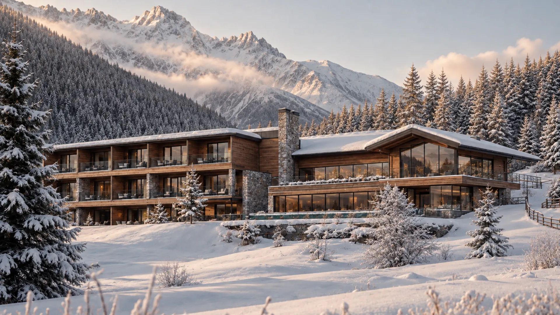 Das Gsieser Tal, ganz nah. Und doch wie ein kleines Geheimnis. Modernes Hotel in verschneiter Berglandschaft mit Tannen und schneebedeckten Gipfeln