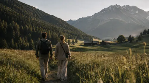 Das Gsieser Tal, ganz nah. Und doch wie ein kleines Geheimnis. Zwei Wanderer gehen durch eine Wiese auf ein Bergtal mit Gipfeln zu