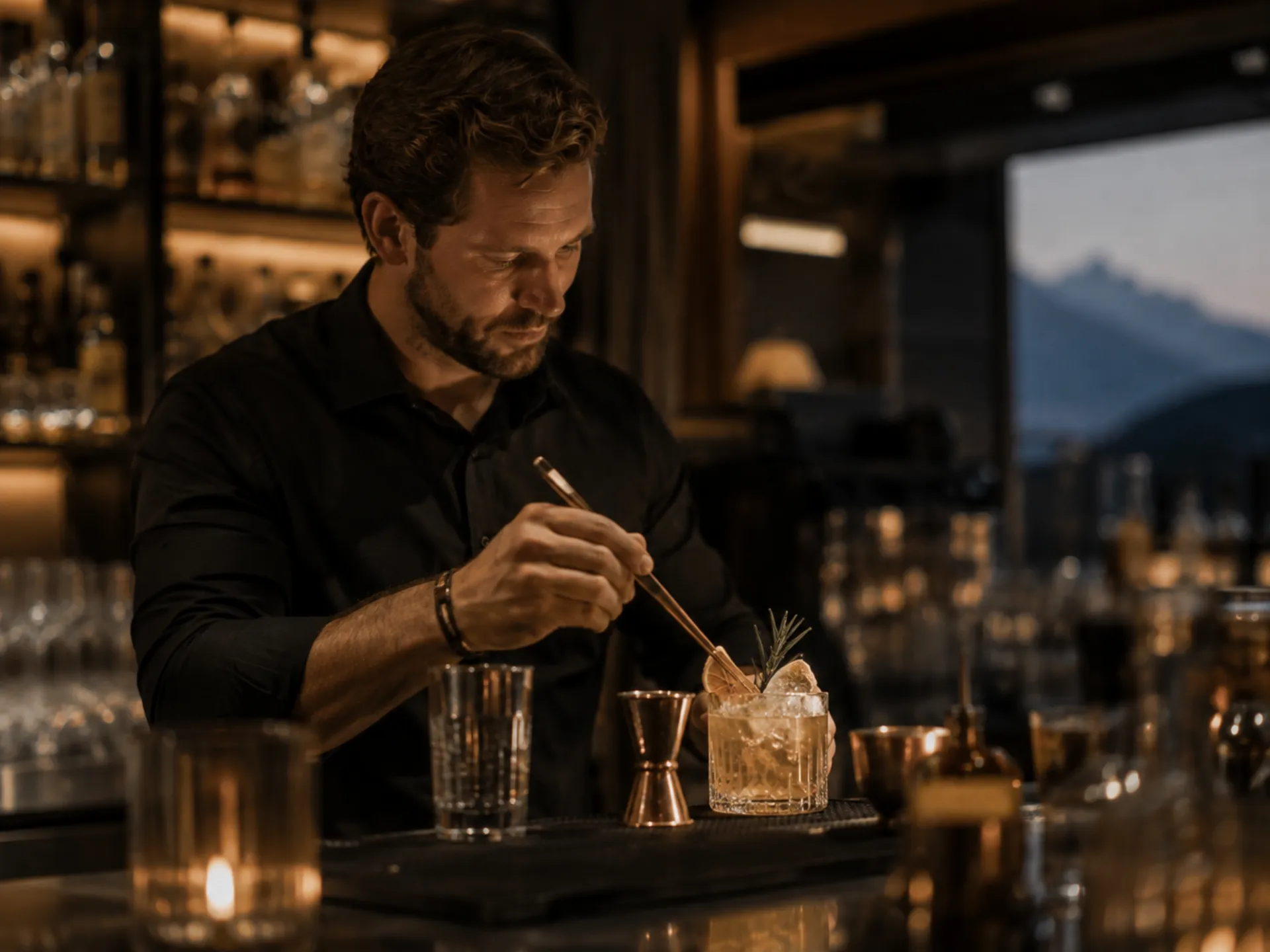 Das Gsieser Tal, ganz nah. Und doch wie ein kleines Geheimnis. Barkeeper garniert einen Cocktail an einer Bar mit Bergblick