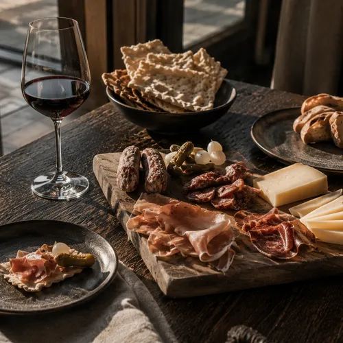 Weniger Inszenierung, mehr Gefühl – Genuss, der nach Berg und Tal schmeckt. Wein, Brot, Käse und Wurstwaren auf einem Holztisch