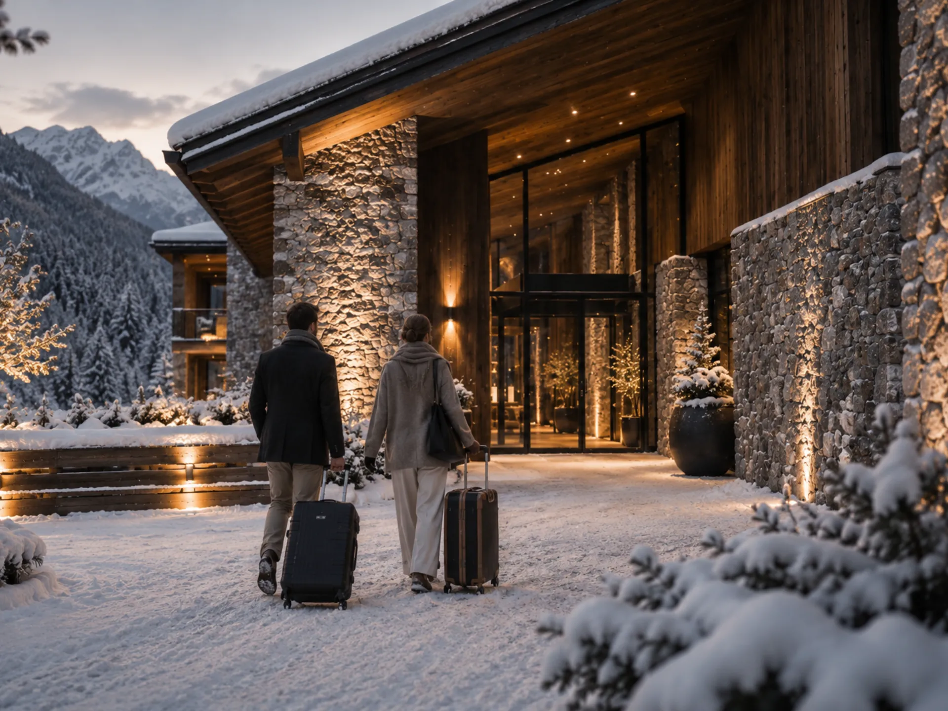 Ein Hotel für Menschen, die das Leben mit Geschmack nehmen – aber nie zu ernst. Paar mit Koffern vor einem verschneiten Berghotel bei Dämmerung