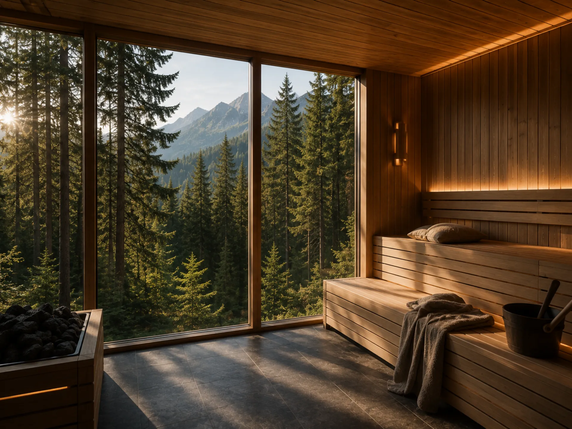 Ein Hotel für Menschen, die das Leben mit Geschmack nehmen – aber nie zu ernst. Holzsauna mit Panoramafenstern, Waldblick und Berglandschaft