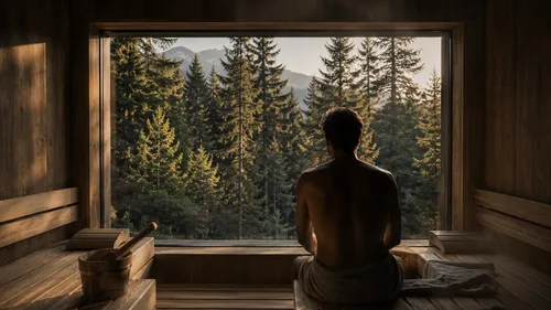 Das Gsieser Tal, ganz nah. Und doch wie ein kleines Geheimnis. Mann mit Handtuch in einer Holzsauna mit Blick auf Wald und Berge