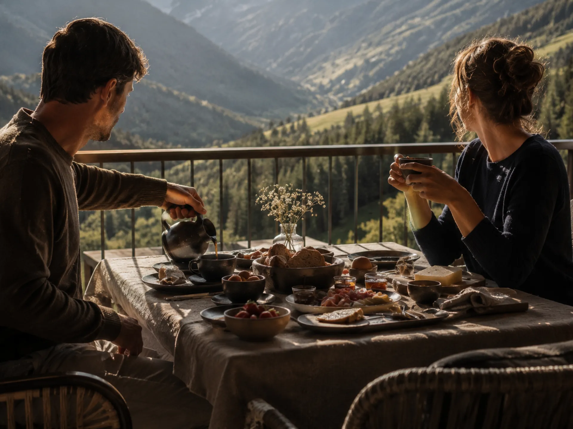 Paar beim Frühstück auf einer Terrasse mit Blick auf ein alpines Tal