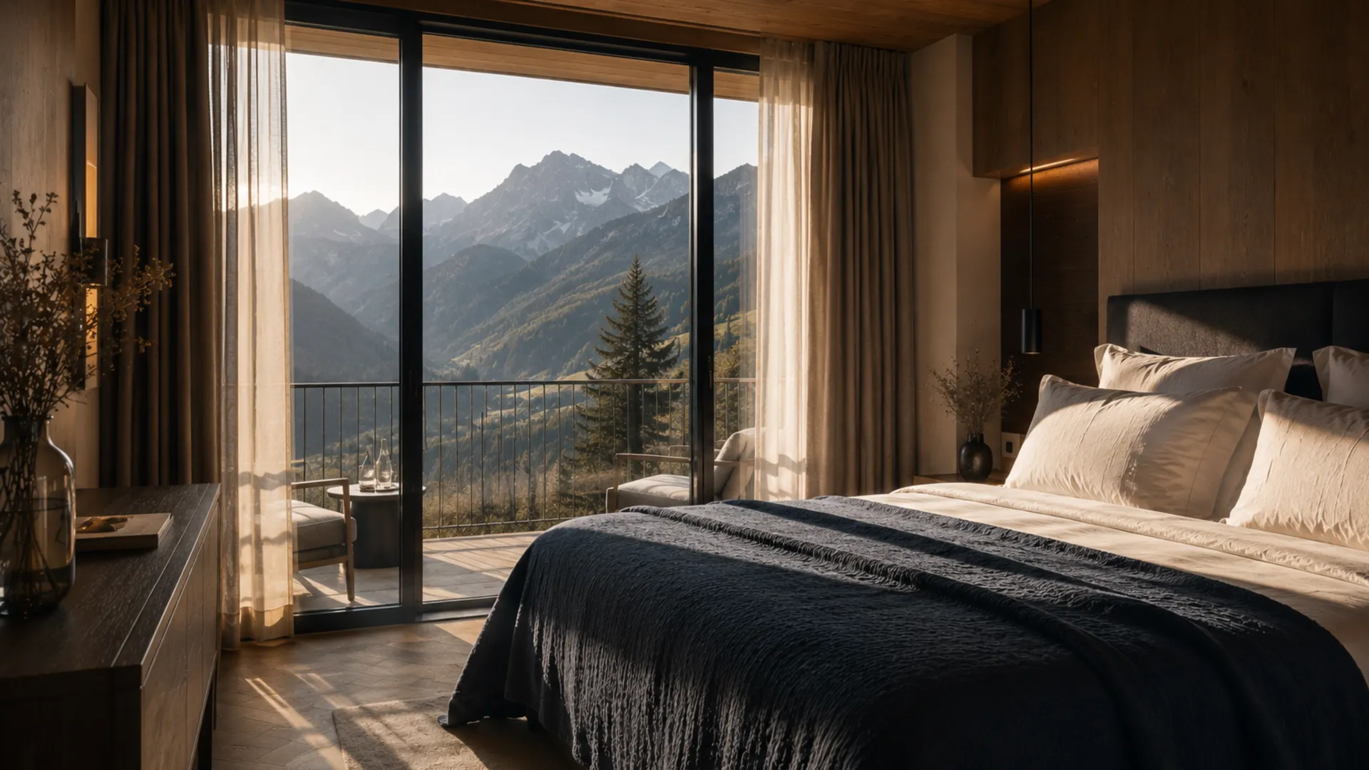 Das Gsieser Tal, ganz nah. Und doch wie ein kleines Geheimnis. Modernes Schlafzimmer mit Panoramablick auf die Berge und Balkon