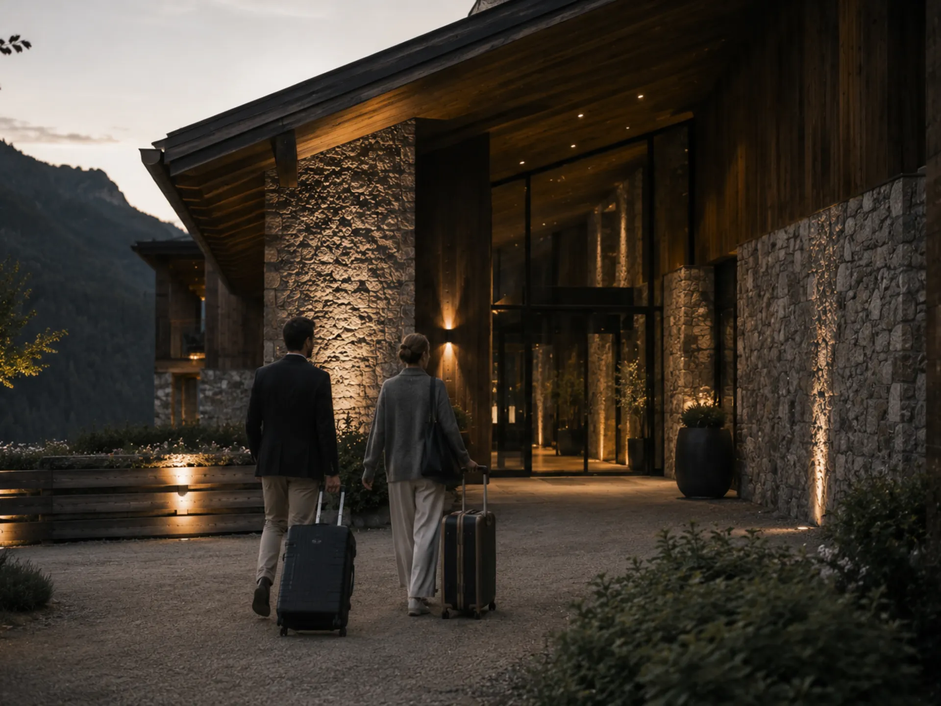 Ein Hotel für Menschen, die das Leben mit Geschmack nehmen – aber nie zu ernst. Paar mit Rollkoffern vor dem beleuchteten Berghotel bei Abenddämmerung