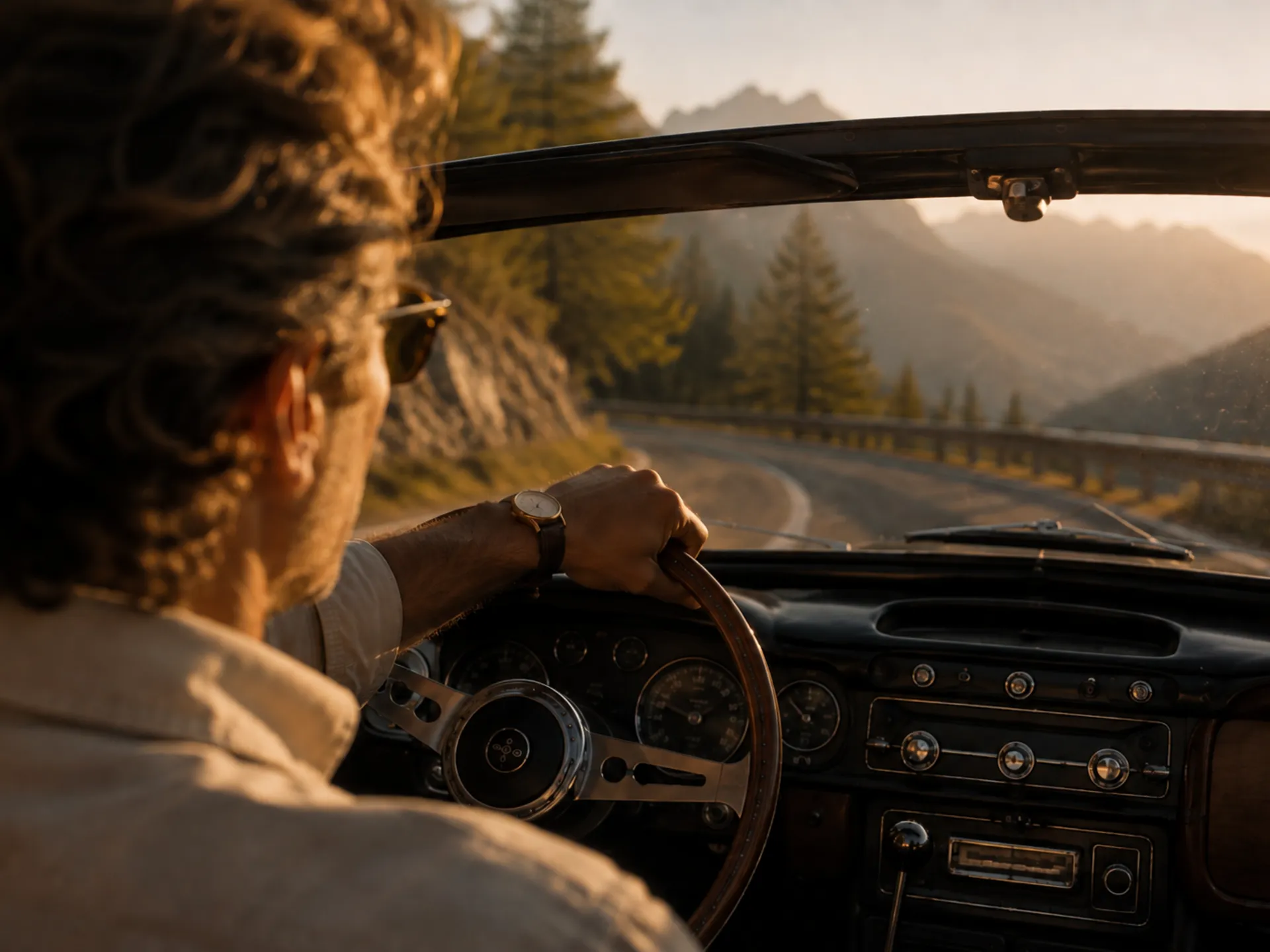 Mann fährt einen Oldtimer auf einer kurvigen Bergstraße bei Sonnenuntergang