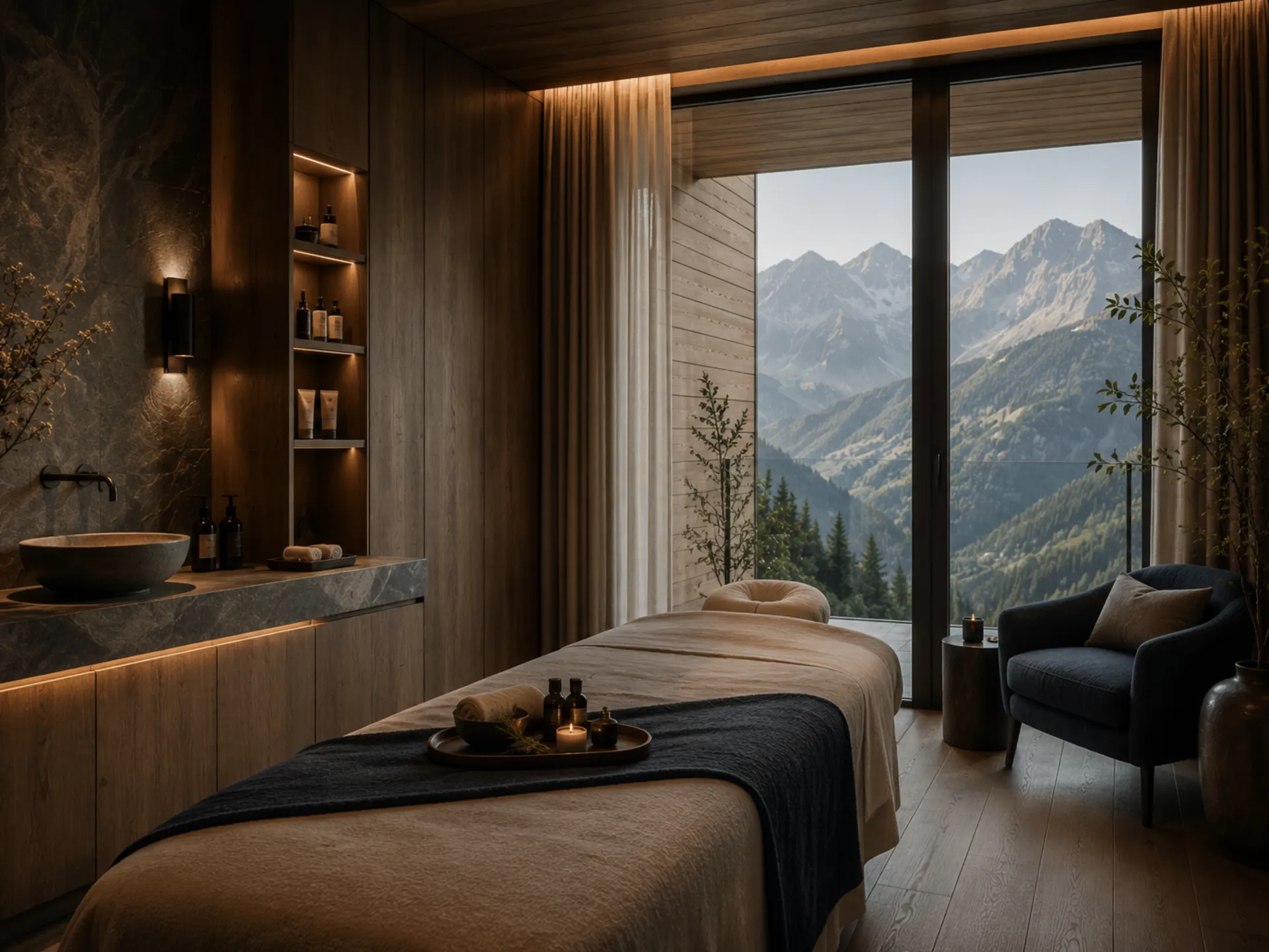 Ein Hotel für Menschen, die das Leben mit Geschmack nehmen – aber nie zu ernst. Eleganter Spa-Raum mit Behandlungsliege und Bergblick durch große Fenster