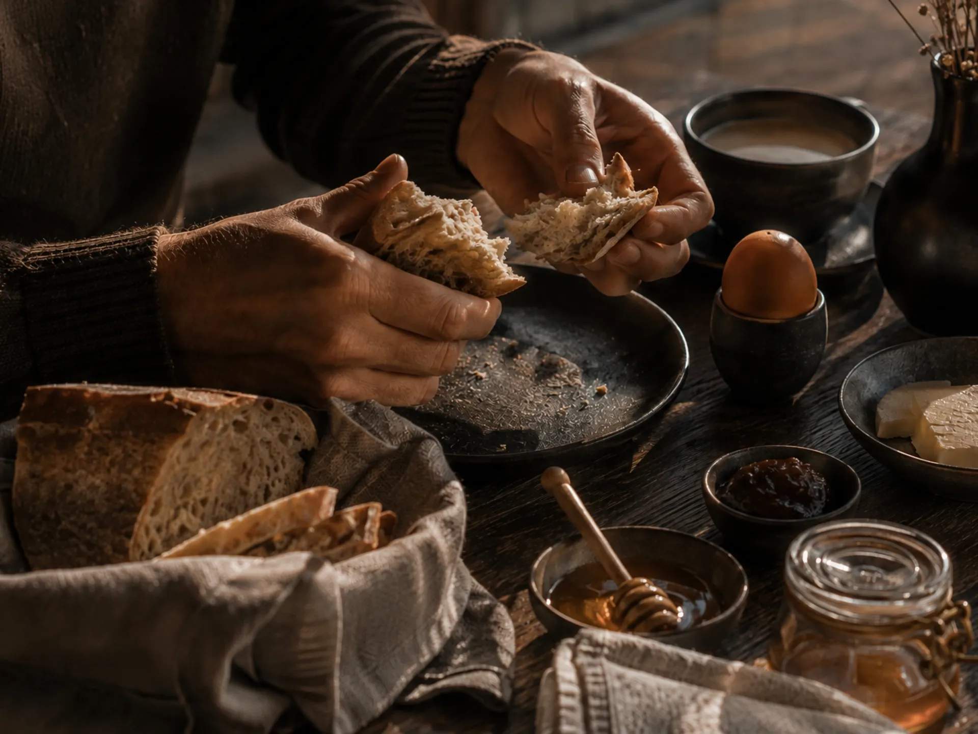 Hände teilen Brot an einem Frühstückstisch mit Ei, Käse, Honig und Kaffee