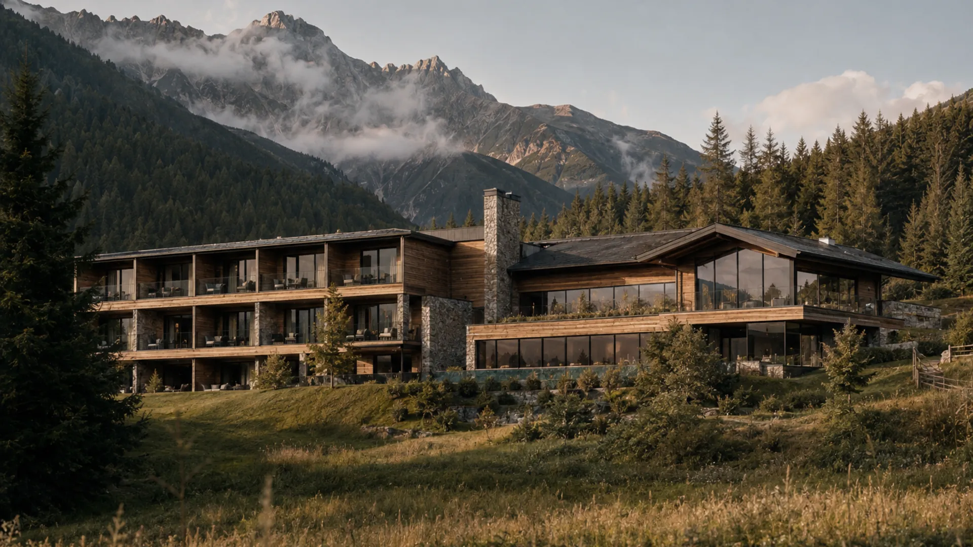 Das Gsieser Tal, ganz nah. Und doch wie ein kleines Geheimnis. Modernes Berghotel vor bewaldeten Bergen mit Wolken
