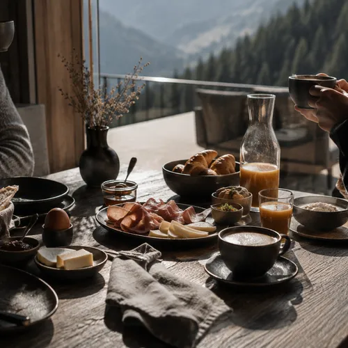 Weniger Inszenierung, mehr Gefühl – Genuss, der nach Berg und Tal schmeckt. Frühstück mit Brot, Käse, Aufschnitt und Kaffee am Tisch mit Bergblick