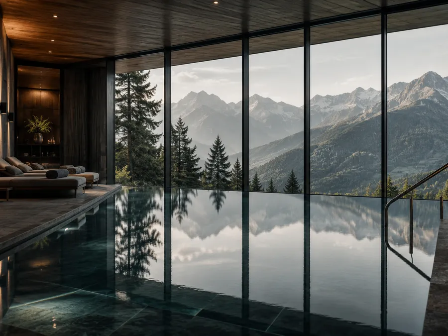 Wo alles langsamer werden darf: der Atem, die Gedanken, der Blick auf den Tag. Innenpool mit Bergblick und Liegen vor bodentiefen Fenstern