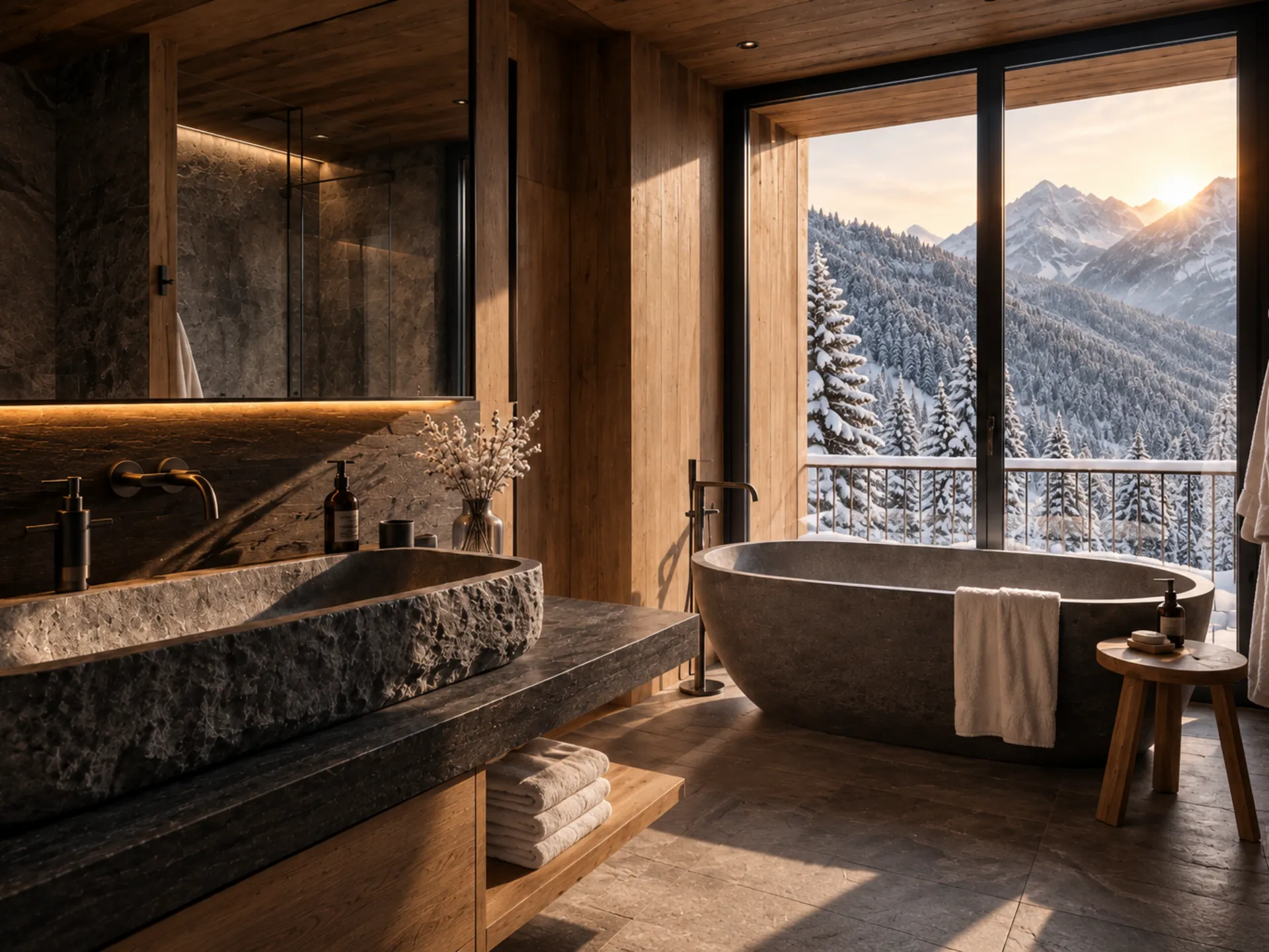 Ein Hotel für Menschen, die das Leben mit Geschmack nehmen – aber nie zu ernst. Luxuriöses Badezimmer mit freistehender Wanne und verschneitem Bergpanorama