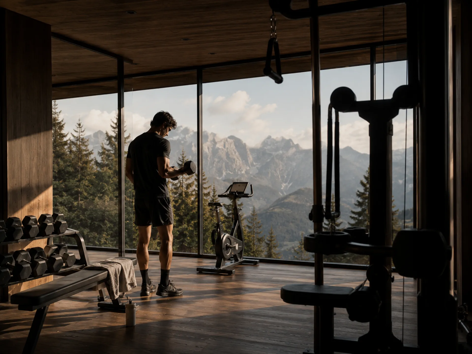 Ein Hotel für Menschen, die das Leben mit Geschmack nehmen – aber nie zu ernst. Mann trainiert mit Kurzhanteln in einem Fitnessraum mit Bergblick