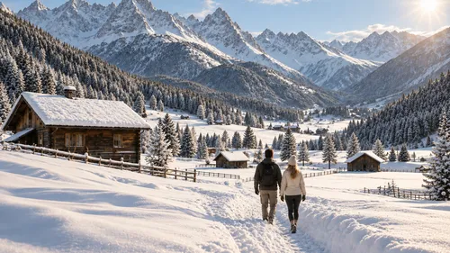 Das Gsieser Tal, ganz nah. Und doch wie ein kleines Geheimnis. Paar auf verschneitem Weg vor Berghütten und schneebedeckten Alpen