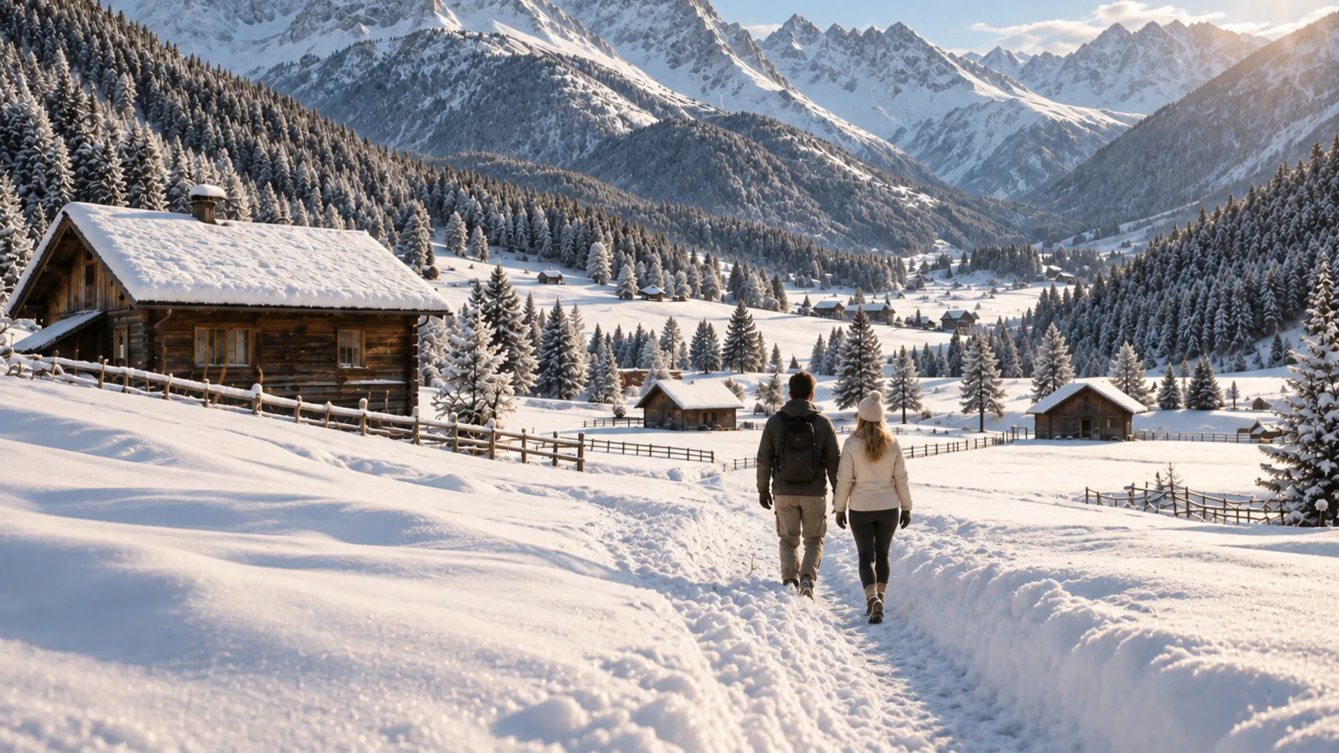 Paar auf verschneitem Weg vor Berghütten und schneebedeckten Alpen