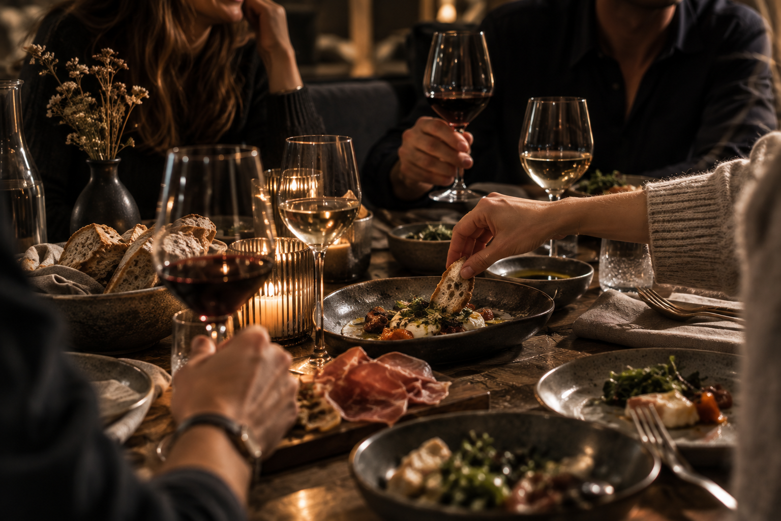 Das Gsieser Tal, ganz nah. Und doch wie ein kleines Geheimnis. Gesellige Mahlzeit mit Wein, Kerzenlicht, Brot und verschiedenen Speisen