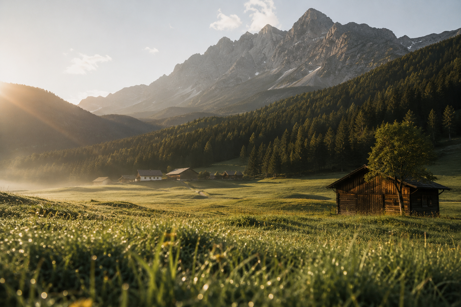 Das Gsieser Tal, ganz nah. Und doch wie ein kleines Geheimnis. Almwiese mit Holzhütte, Bauernhäusern und schroffen Bergen im Morgenlicht