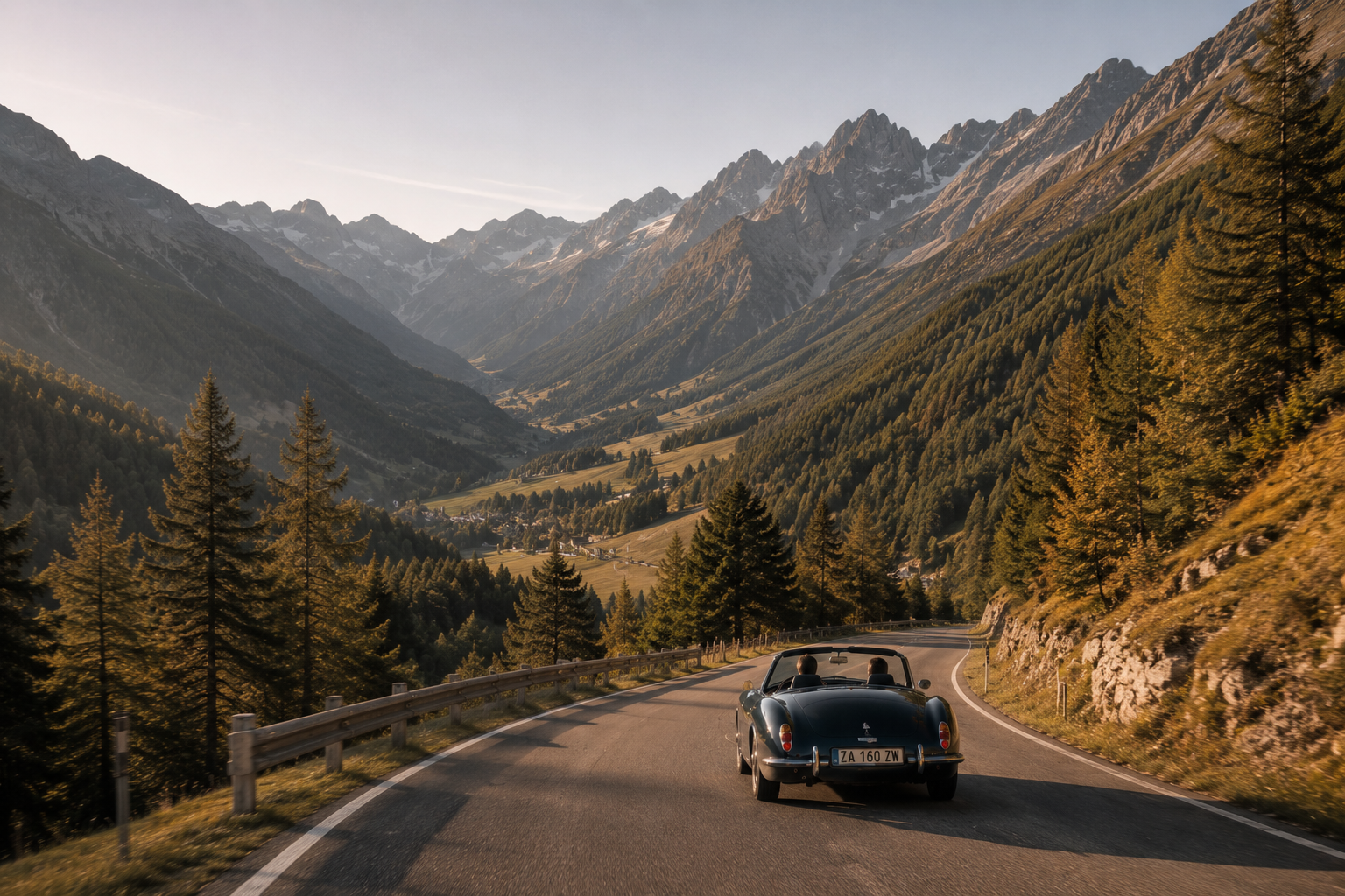 Oldtimer auf einer kurvigen Bergstraße mit Blick auf ein alpines Tal
