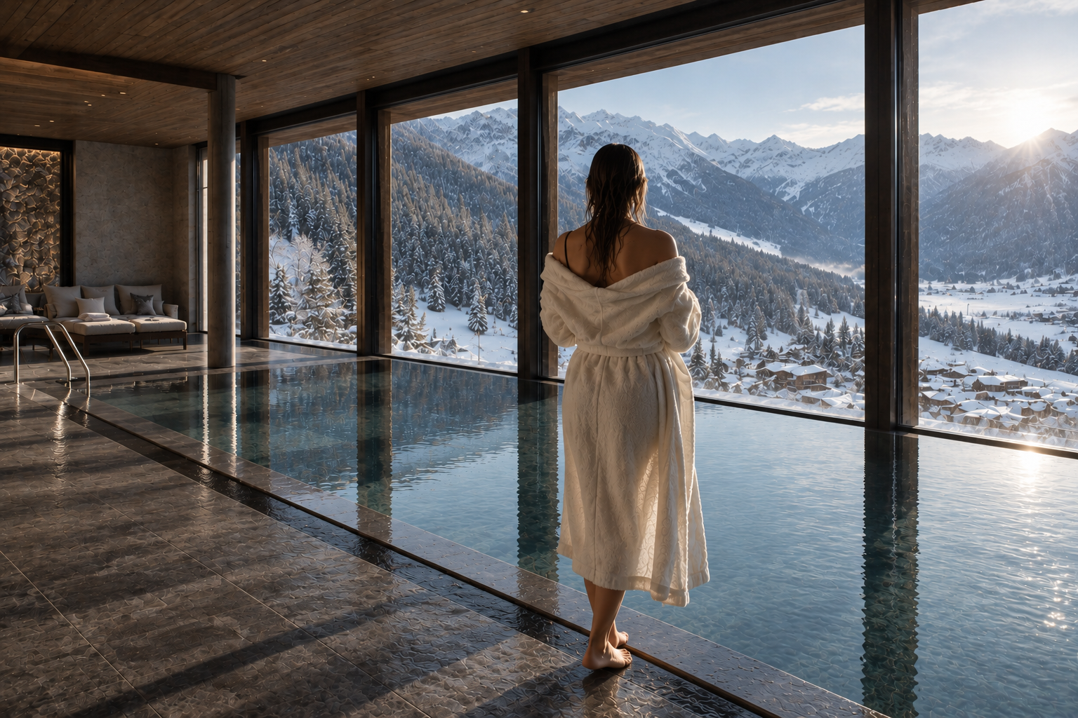 Ein Hotel für Menschen, die das Leben mit Geschmack nehmen – aber nie zu ernst. Frau im Bademantel am Innenpool mit Blick auf verschneite Berge