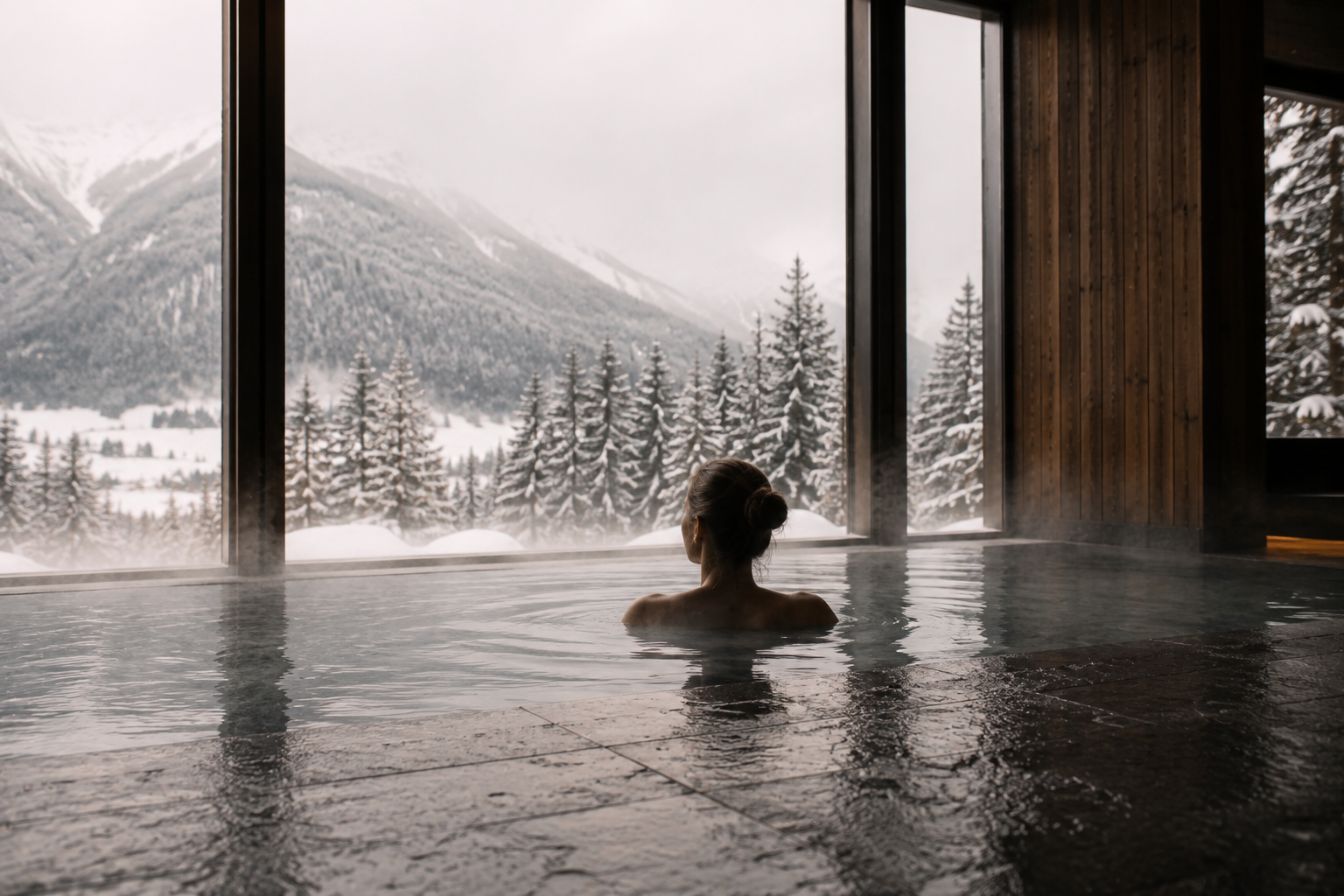 Das Gsieser Tal, ganz nah. Und doch wie ein kleines Geheimnis. Person im Innenpool mit Blick auf verschneite Berge und Tannen
